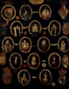 Genealogical chart tracing the Tudor roots of Mary Stuart, Queen of Scots (1542-87) and her son Jame