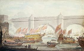The Lord Mayor landing at Westminster, with a View of the Bridge