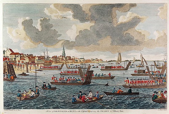 View of Gravesend with troops crossing the Thames to Tilbury Fort van English School