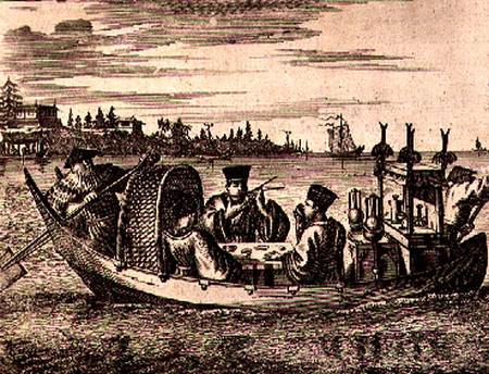 A Wealthy Mandarin Dining in a Boat, illustration from a description of Embassies to China van English School