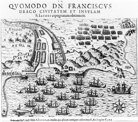 Plan Showing how Francis Drake (c.1540-96) Stormed and Held the Island of San Jacob (engraving) (b/w van English School, (17th century)
