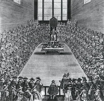 King James I (1566-1625) in the Houses of Parliament, 1624 (engraving) (b/w photo) van English School, (17th century)