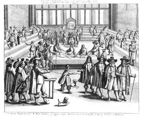 Oliver Cromwell (1599-1658) Dissolving The Parliament (engraving) (b/w photo) van English School, (17th century)