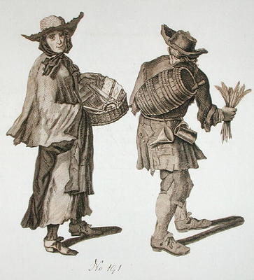 'Buy a new Almanac! Fine writing ink!', illustration of street sellers around 1675 (engraving) van English School, (17th century) (after)