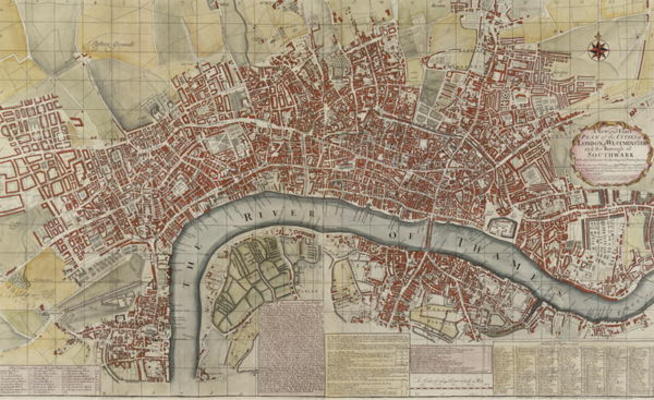 A New and Exact Plan of the Cities of London and Westminster and the Borough of Southwark, 1725 (col van English School, (18th century)