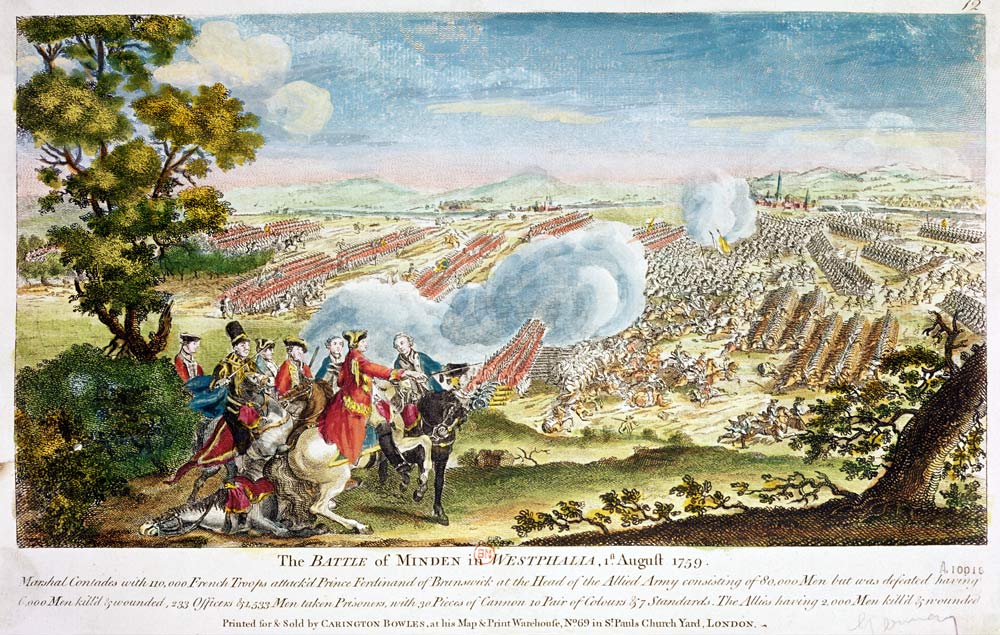 The Battle of Minden in Westphalia in 1759 (colour litho) van English School, (18th century)