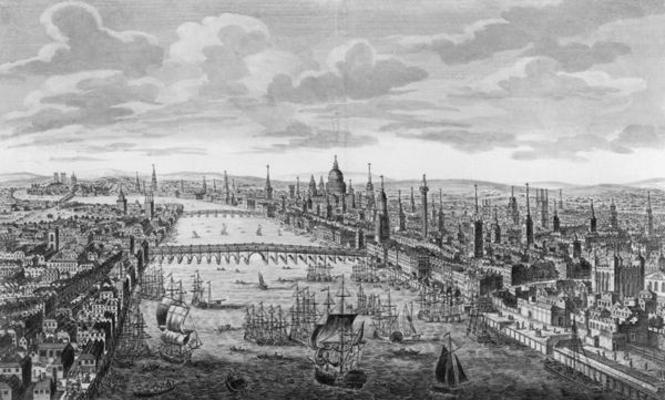 A General View of the City of London next to the River Thames, c.1780 (engraving) (b/w photo) van English School, (18th century)