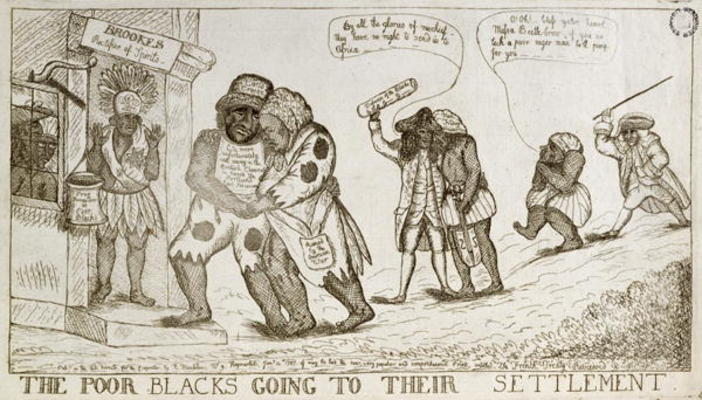 The Poor Blacks Going to their Settlement, pub. by E. Macklew, 1787 (etching) van English School, (18th century)