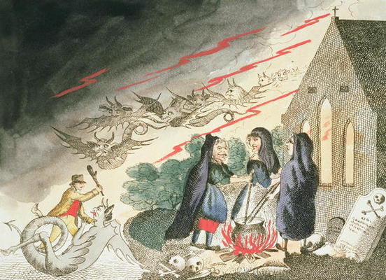 Three Witches in a Graveyard, c.1790s (coloured engraving) van English School, (18th century)