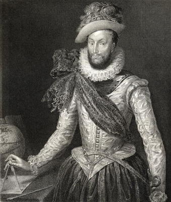Portrait of Sir Walter Raleigh (1554-1618) from 'Lodge's British Portraits', 1823 (litho) van English School, (19th century)