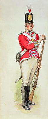 British soldier in Napoleonic times carrying a musket (w/c) van English School, (19th century)
