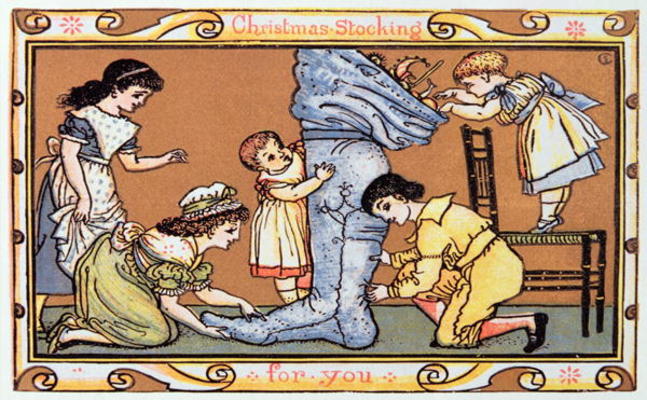 Christmas Stocking For You, a Victorian christmas card (engraving) van English School, (19th century)