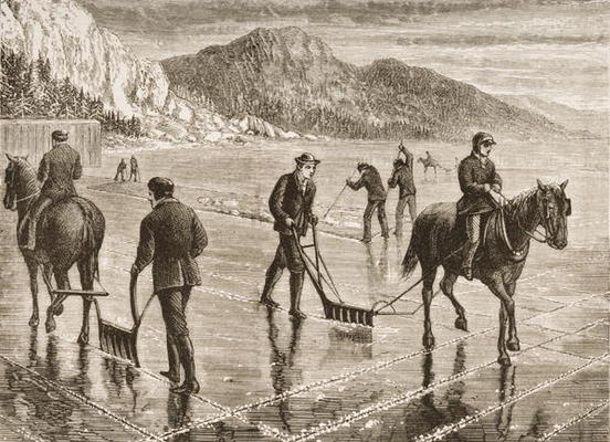Ice-Harvest on the Hudson River, New York State, c.1870, from 'American Pictures', published by The van English School, (19th century)