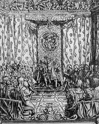 King Henry VIII (1491-1547) in Parliament, from a contemporary print (engraving) van English School, (19th century)