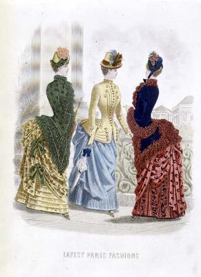 Latest Paris Fashions, three day dresses in a fashion plate from 'The Queen', May 1885 (coloured eng van English School, (19th century)