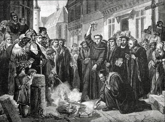 Martin Luther (1483-1546) Publicly Burning the Pope's Bull in 1521 (engraving) van English School, (19th century)