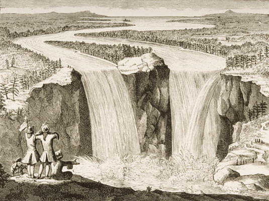 Niagara Falls, after a sketch made by Father Hennepin in 1677, from 'American Pictures' published by van English School, (19th century)