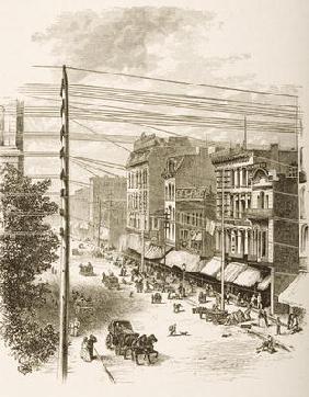 Clark Street, Chicago, in c.1870, from 'American Pictures' published by the Religious Tract Society,