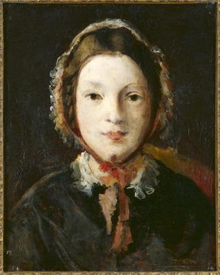 Young Woman with a Bonnet (oil on canvas) van English School, (19th century)