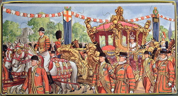 Jigsaw puzzle depicting the Coronation of Queen Elizabeth II (b.1926) 2nd June 1953 (colour litho on van English School, (20th century)