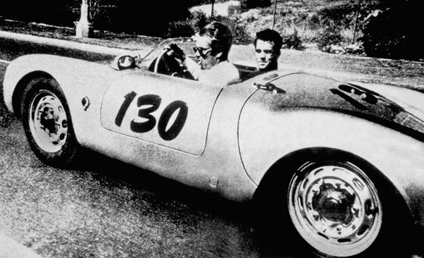 The American Actor James Dean driving his Porsche Spider 550A with Rolf Wutherlich van English Photographer, (20th century)