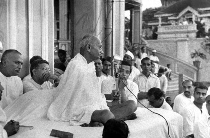 Mahatma Mohandas Karamchand Gandhi Indian politician and nationalist leader, here during a speech in van English Photographer, (20th century)