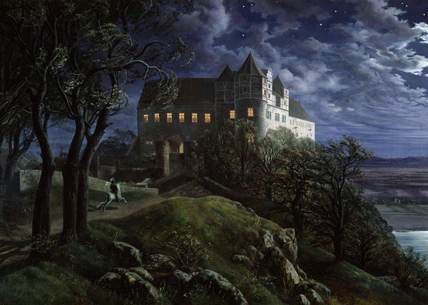 Castle Scharfenberg at Night van Ernst Ferdinand Oehme