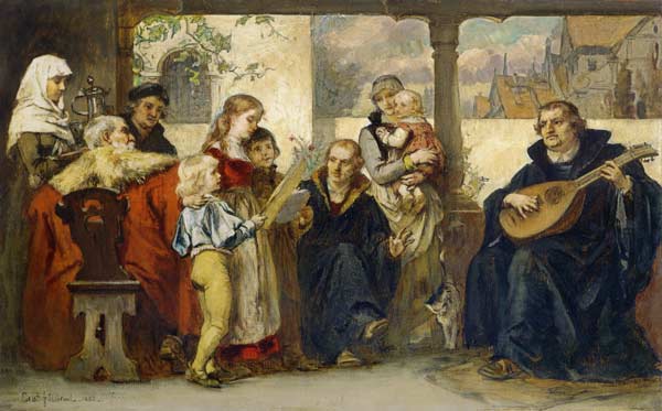 Martin Luther im Kreise seiner Familie musizierend (mit Cranach u.Melanchthon) van Ernst Hildebrandt