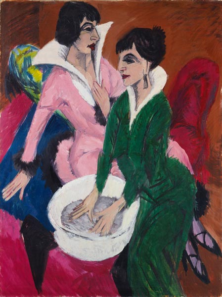 Zwei Frauen mit Waschbecken (Die Schwestern) van Ernst Ludwig Kirchner