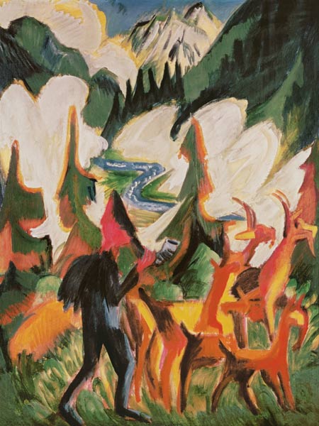 Hirte mit Ziegen am Morgen van Ernst Ludwig Kirchner
