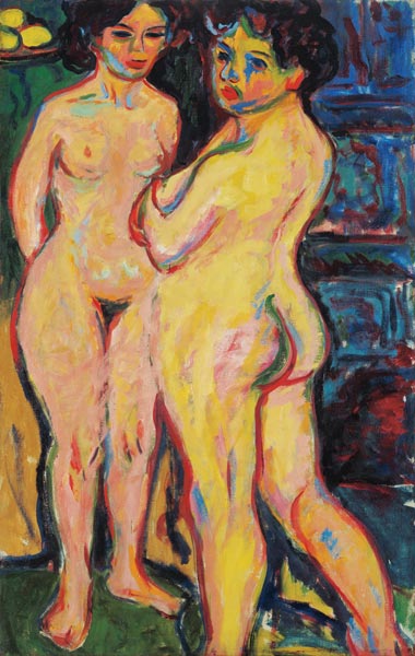 Stehende nackte Mädchen am Ofen van Ernst Ludwig Kirchner