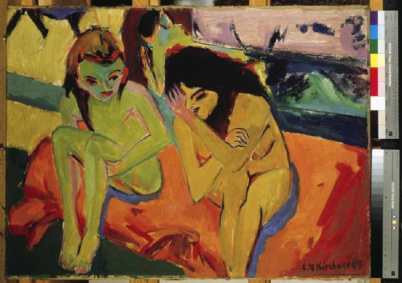 Zwei Mädchen / Nackte Mädchen unterhalten sich van Ernst Ludwig Kirchner
