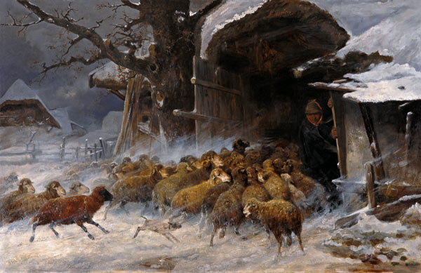 Schafherde, die vor einem Schneetreiben in den Staal gebracht wird. van Ernst Meissner