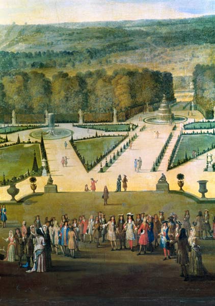 Promenade of Louis XIV by the Parterre du Nord, detail of Louis and his entourage van Etienne Allegrain