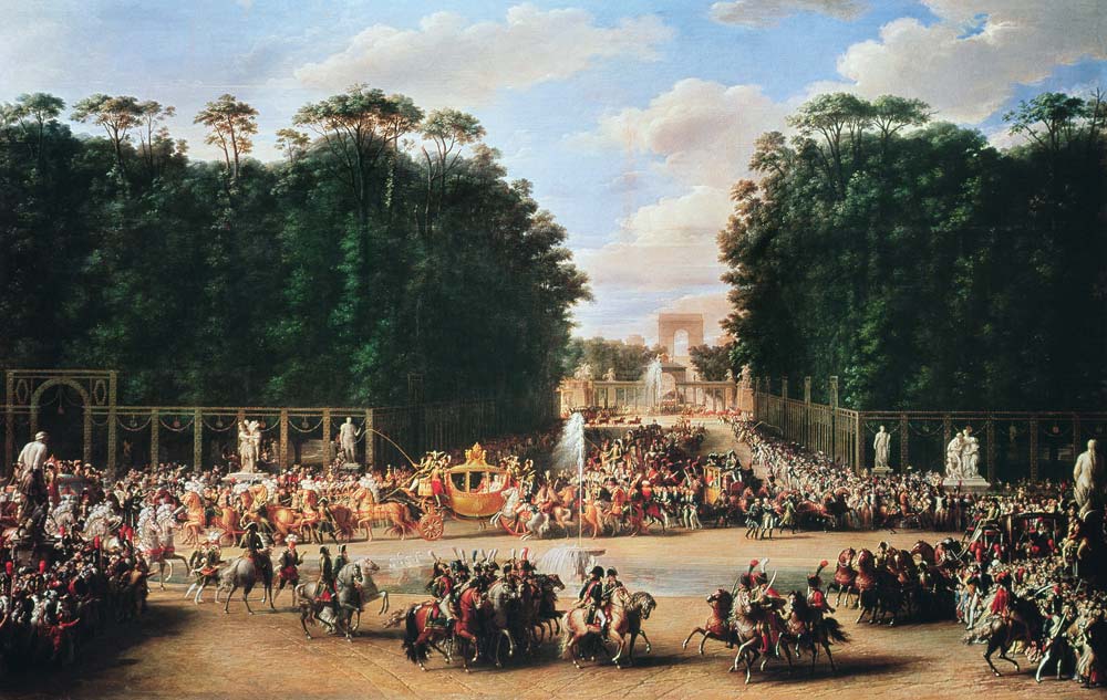 The marriage procession of Napoleon I and Marie-Louise crossing the Jardin des Tuileries on 2nd Apri van Etienne-Barthelemy Garnier