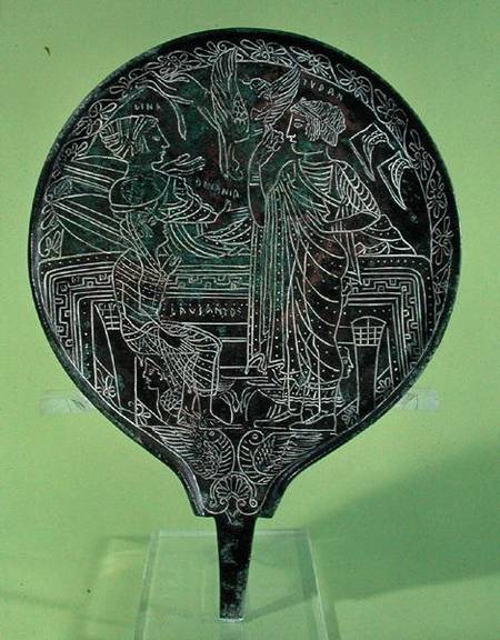 Mirror depicting Aphrodite persuading Helen to follow Paris to Troy, from Palestrina van Etruscan