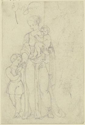 Frau im Renaissance-Habit mit einem Kind auf dem Arm und einem Jungen zu ihrer Rechten (Maria mit de