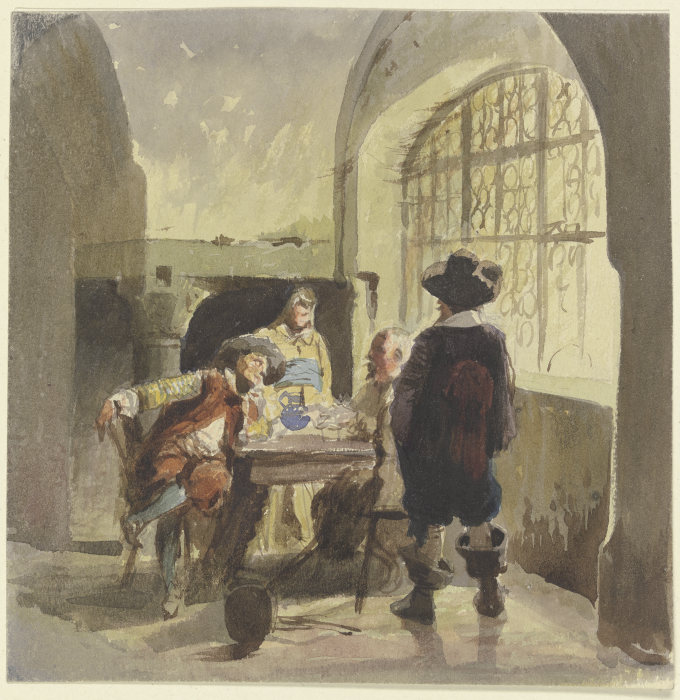 Drei Kriegsleute aus der Zeit des Dreißigjährigen Krieges in einem Gemach, dabei eine Frau van Eugen Klimsch