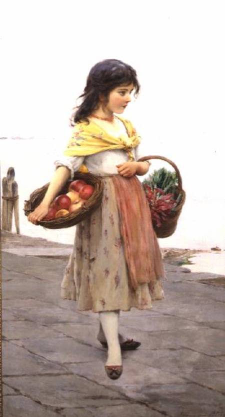 Young Girl Selling Fruits and Vegetables van Eugen von Blaas