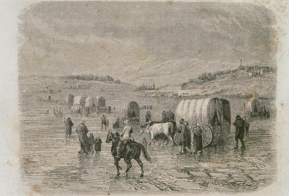 A Wagon Train Heading West in the 1860s, engraved by Stephane Pannemaker (1847-1930) (engraving) van Eugene Antoine Samuel Lavieille