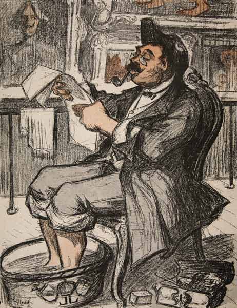 A government official reading his newspaper with a footbath, illustration from ''L''assiette au Beur van Eugene Cadel