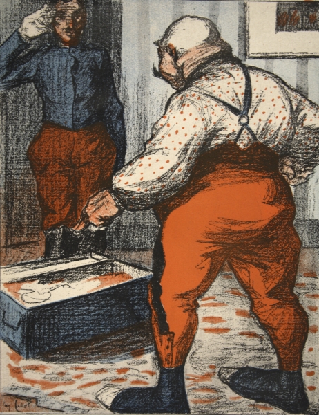 A civil servant overseeing the arrangement of his underwear, illustration from ''L''assiette au Beur van Eugene Cadel