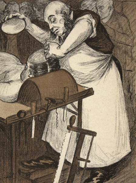 A coroner examining the head of a corpse, illustration from ''L''assiette au Beurre: Les Fonctionnai van Eugene Cadel