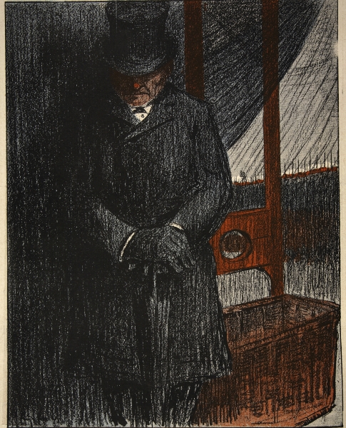 An undertaker awaits his next victim by the guillotine, illustration from ''L''assiette au Beurre: L van Eugene Cadel