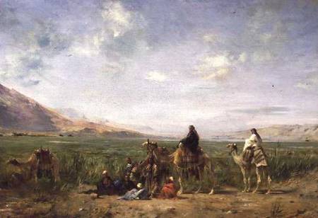 Travellers resting at an Oasis van Eugène Fromentin