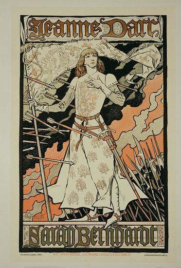 Reproduction of a poster advertising 'Joan of Arc', starring Sarah Bernhardt at the Renaissance Thea van Eugene Grasset