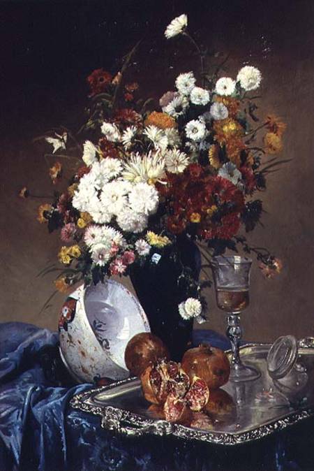 Still Life with Flowers and Pomegranates van Eugene Henri Cauchois