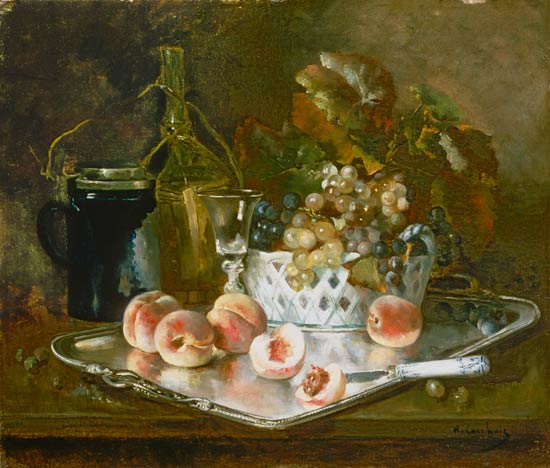 Stillleben mit Pfirsichen, Trauben und Weinglas van Eugene Henri Cauchois