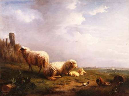 Sheep and chickens in a landscape van Eugène Joseph Verboeckhoven