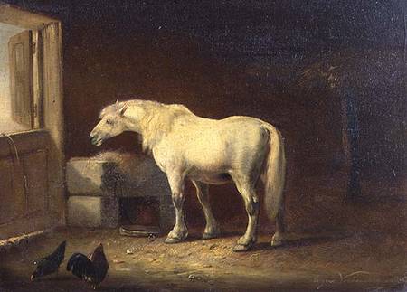 White horse in a stable (panel) van Eugène Joseph Verboeckhoven